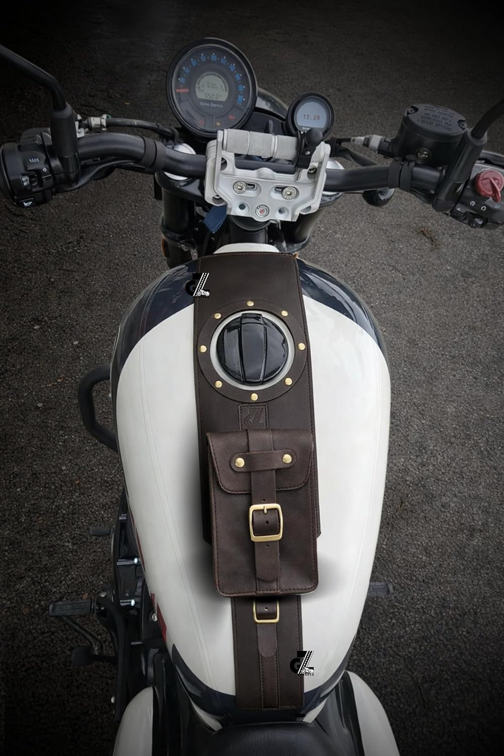 Genuine Leather Motorcycle Tank Strap with Pouch Compatible with Royal Enfield Shotgun 650