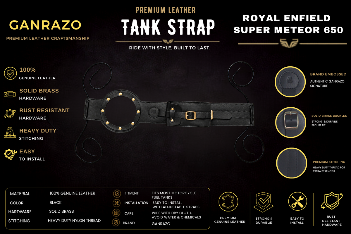 Genuine Leather Motorcycle Tank Strap with Pouch Compatible with Royal Enfield Super Meteor 650