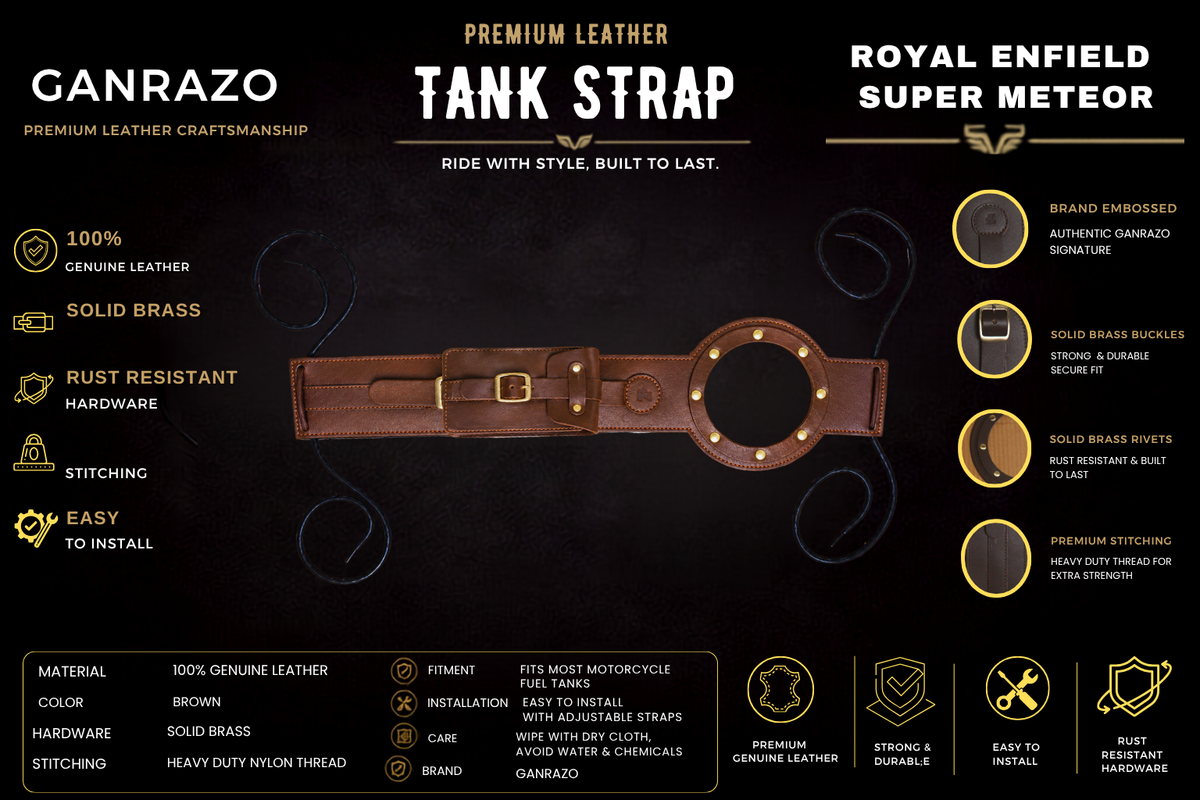 Genuine Leather Motorcycle Tank Strap with Pouch Compatible with Royal Enfield Super Meteor 650