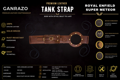 Genuine Leather Motorcycle Tank Strap with Pouch Compatible with Royal Enfield Super Meteor 650