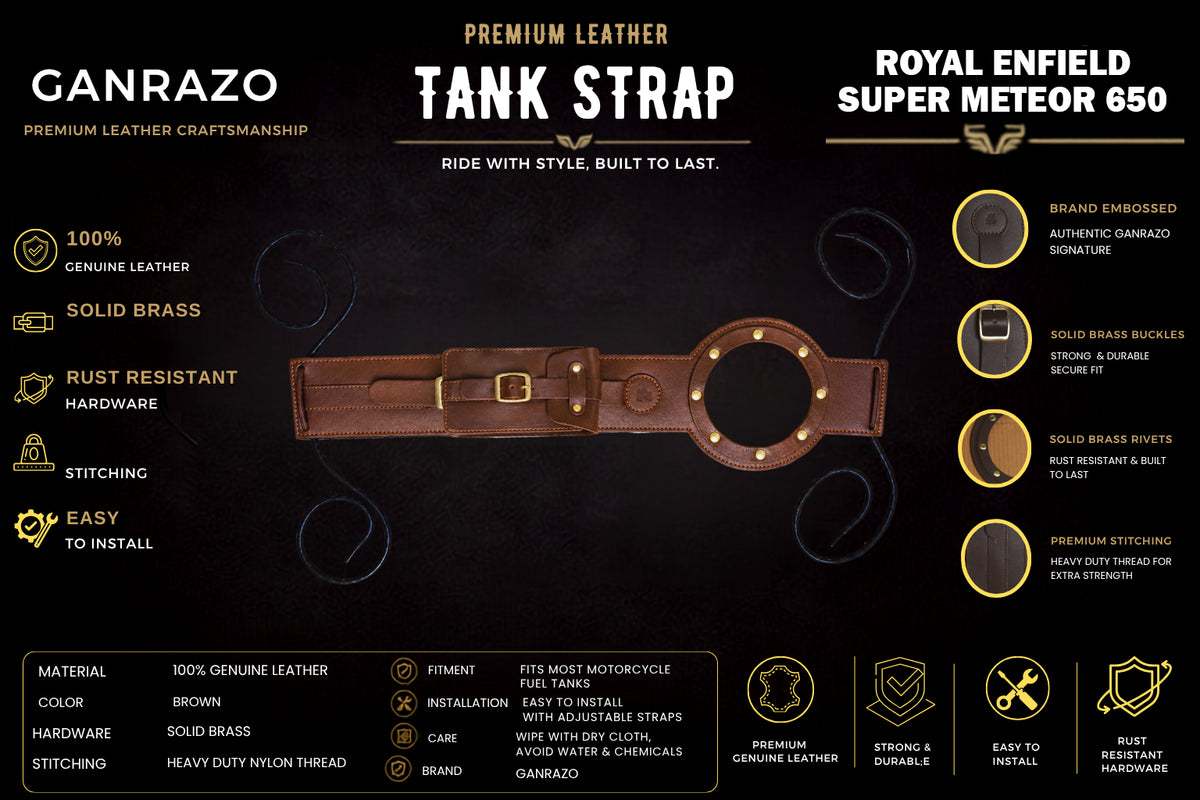 Genuine Leather Motorcycle Tank Strap with Pouch Compatible with Royal Enfield Super Meteor 650