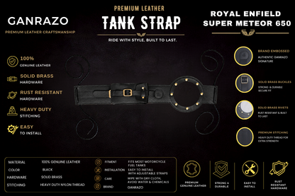 Genuine Leather Motorcycle Tank Strap with Pouch Compatible with Royal Enfield Super Meteor 650