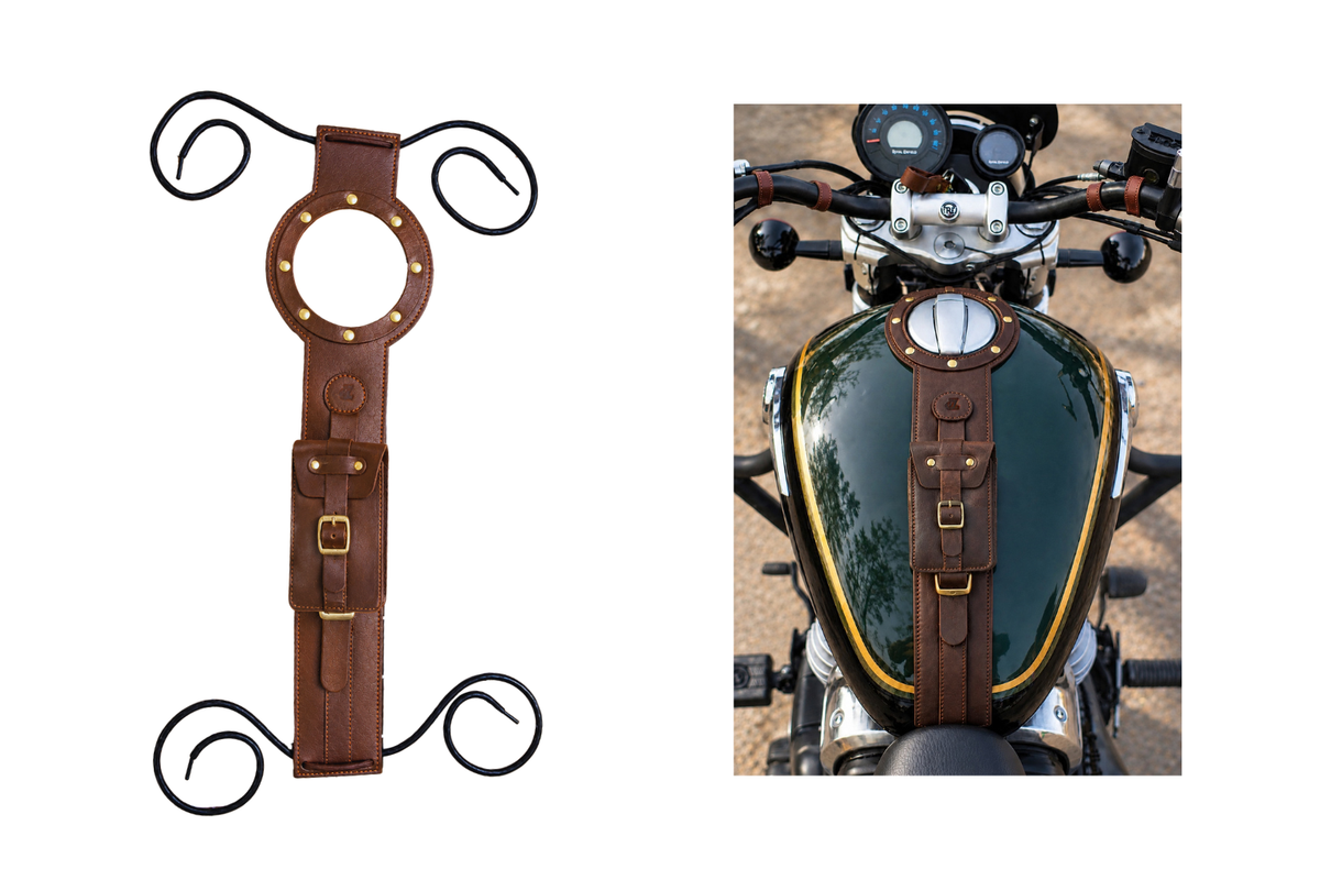 Genuine Leather Motorcycle Tank Strap with Pouch Compatible with Royal Enfield Super Meteor 650