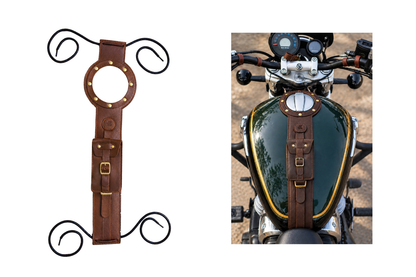 Genuine Leather Motorcycle Tank Strap with Pouch Compatible with Royal Enfield Super Meteor 650
