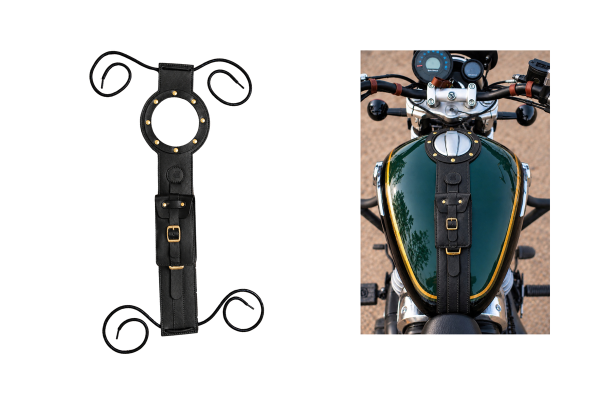 Genuine Leather Motorcycle Tank Strap with Pouch Compatible with Royal Enfield Super Meteor 650