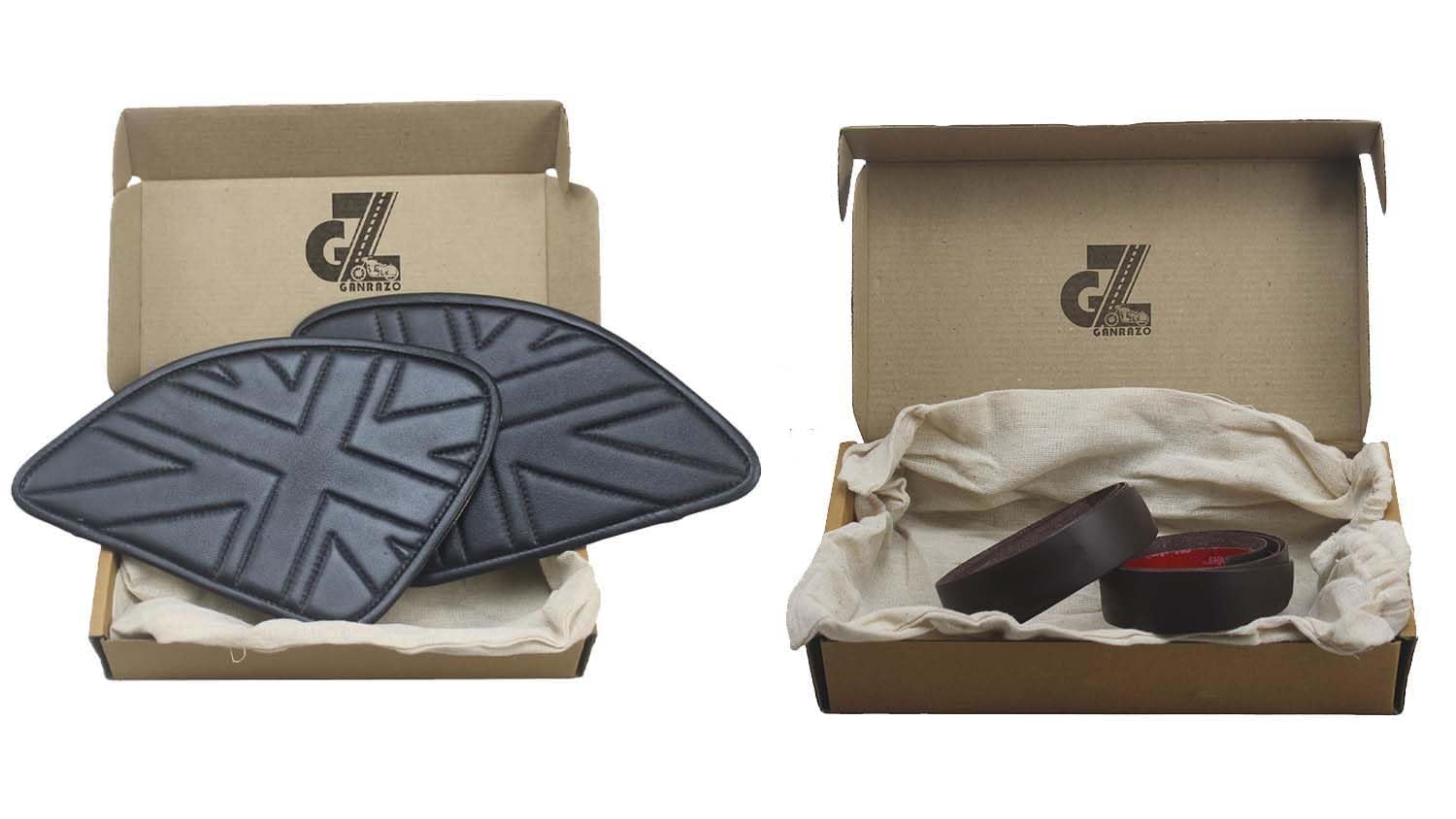 Genuine Leather Union Jack Black Tank Pad with Black Thread Combo Handgrip Straps Pair Dark Brown Compatible With Royal Enfield Himalayan 411