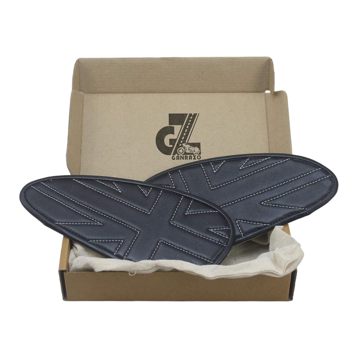 Genuine Leather Union Jack Black Tank Pad with White Thread Compatible with Royal Enfield Bear 650