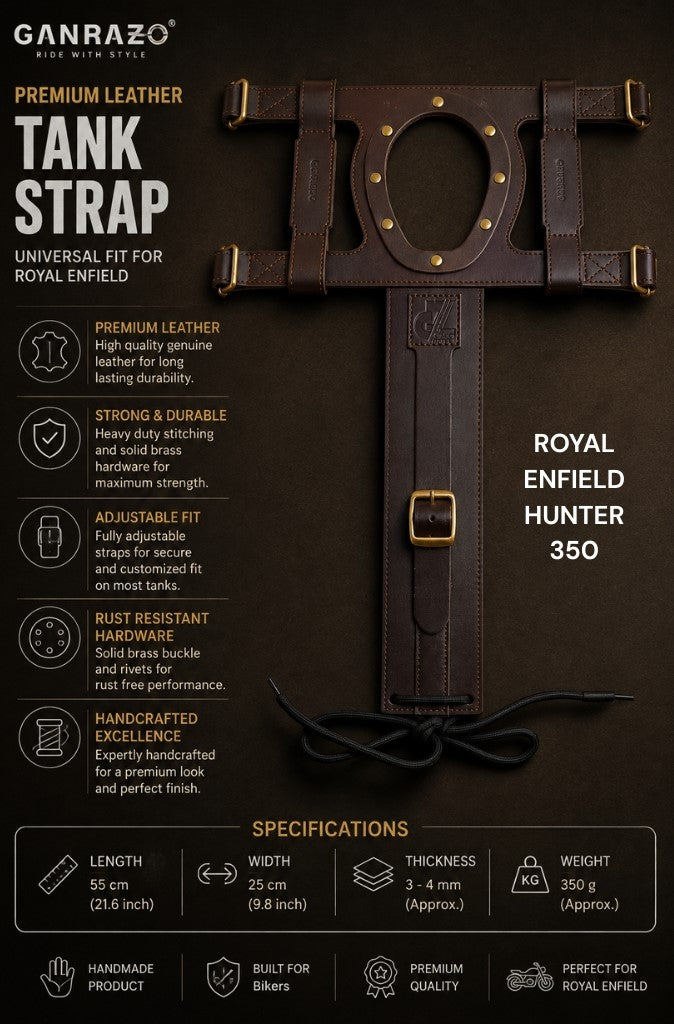 Genuine Leather Motorcycle Fuel Tank Straps Adjustable Compatible with Hunter 350 All Models