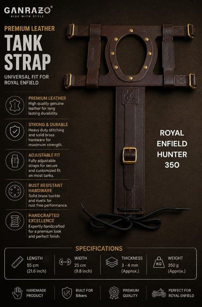 Genuine Leather Motorcycle Fuel Tank Straps Adjustable Compatible with Hunter 350 All Models