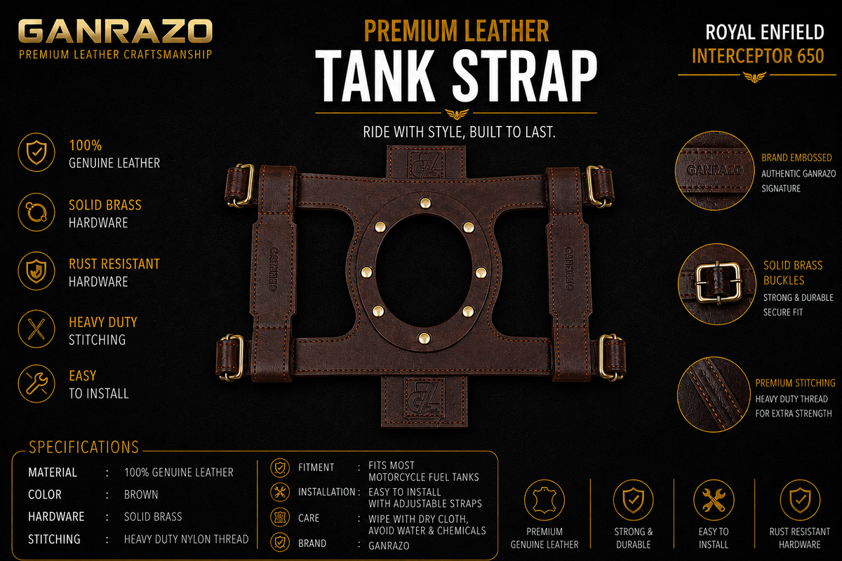 Genuine Leather Motorcycle Fuel Tank Straps Adjustable Compatible with Interceptor 650 All Models