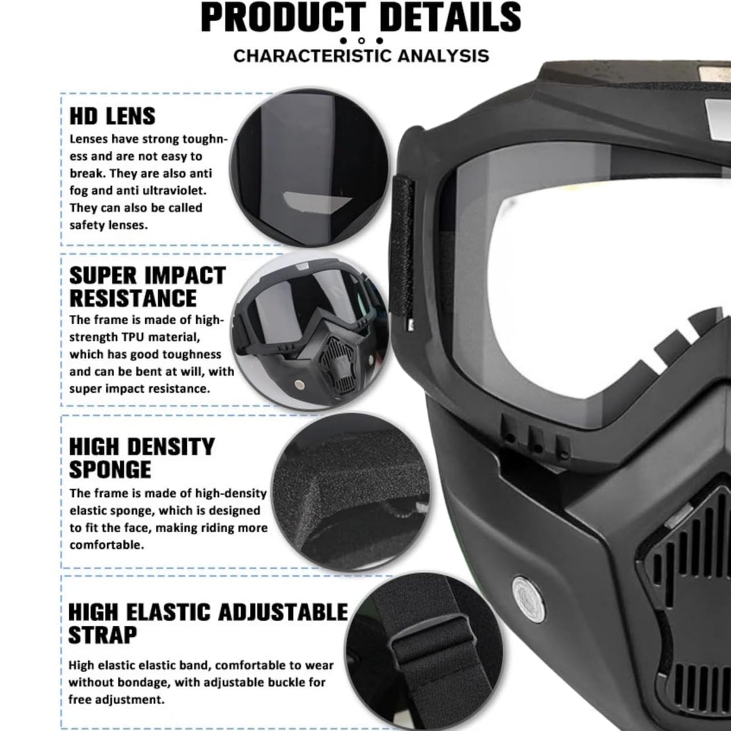 Goggle Mask Anti Scratch UV Protective Open Face & Eyewear Windproof Dirt Shield Adjustable Strap Soft Foam Padded Detachable for Cycling Bike Off Road Racing Riding Unisex Black