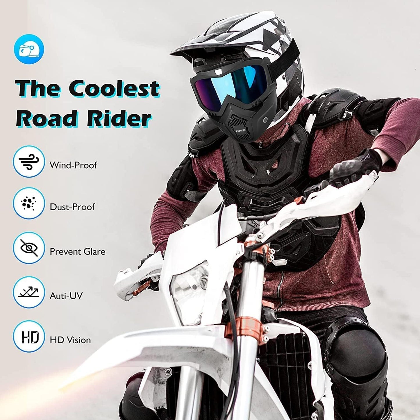 Goggle Mask Anti Scratch UV Protective Open Face & Eyewear Windproof Dirt Shield Adjustable Strap Soft Foam Padded Detachable for Cycling Bike Off Road Racing Riding Unisex Rainbow