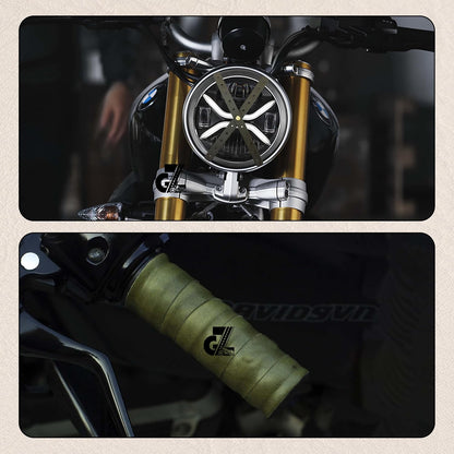 Genuine Leather Diamond Black Tank Pad with Black Thread Combo Headlight X & Handgrip Straps Olive Compatible With Royal Enfield Himalayan 411