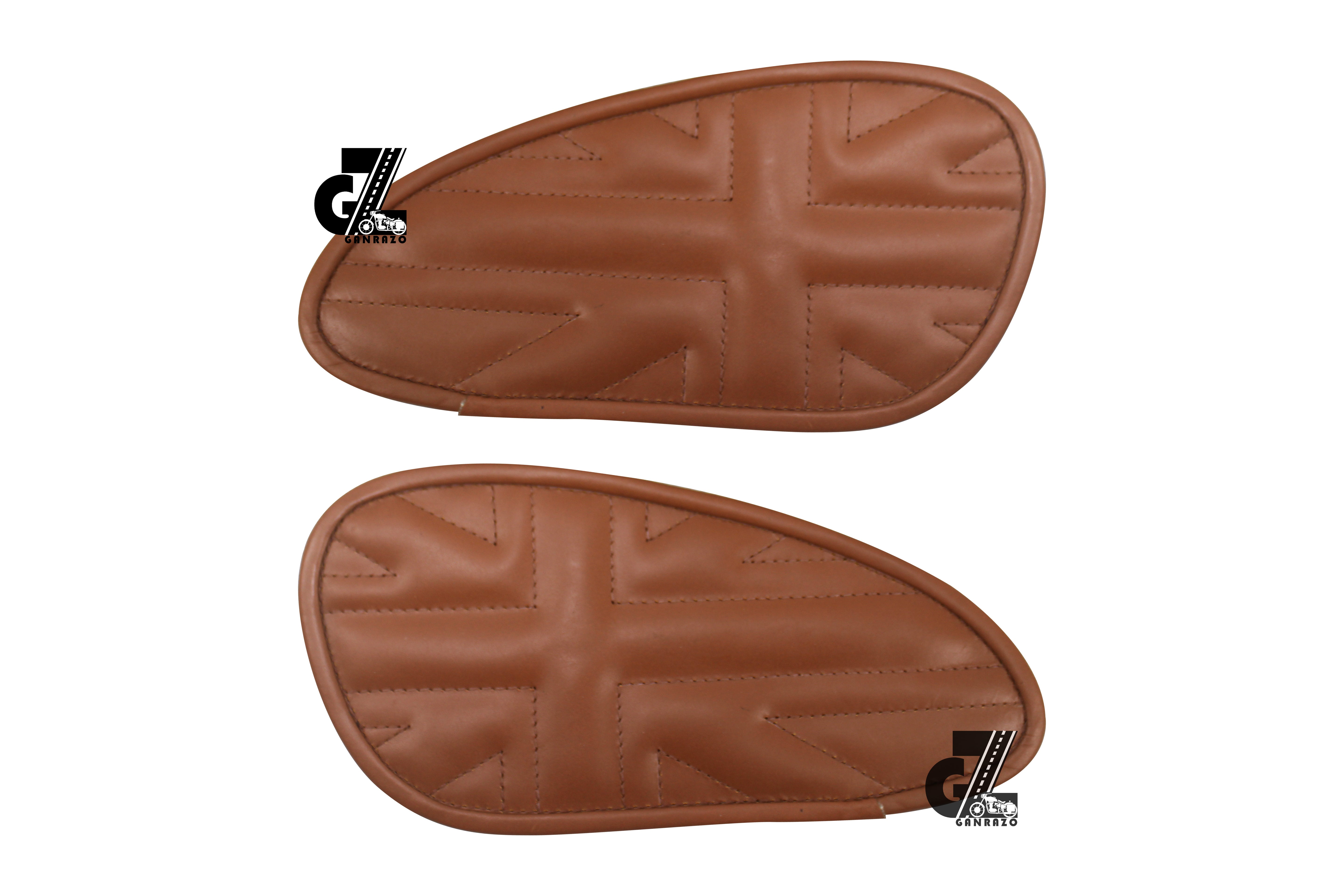 Genuine Leather Union Jack Tan Tank Pad with Tan Thread Compatible with Royal Enfield Bear 650