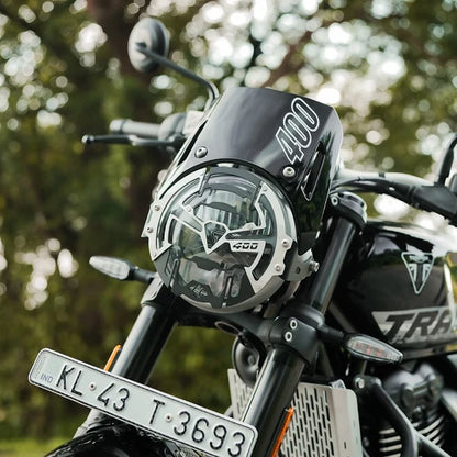 LEGUNDARY COSMIC HEADLIGHT GRILL BLACK & SLIVER, NUMBER PLATE HOLDER FOR TRIUMPH TRACKER 400