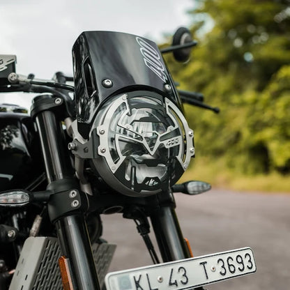 LEGUNDARY COSMIC HEADLIGHT GRILL BLACK & SLIVER, NUMBER PLATE HOLDER FOR TRIUMPH TRACKER 400