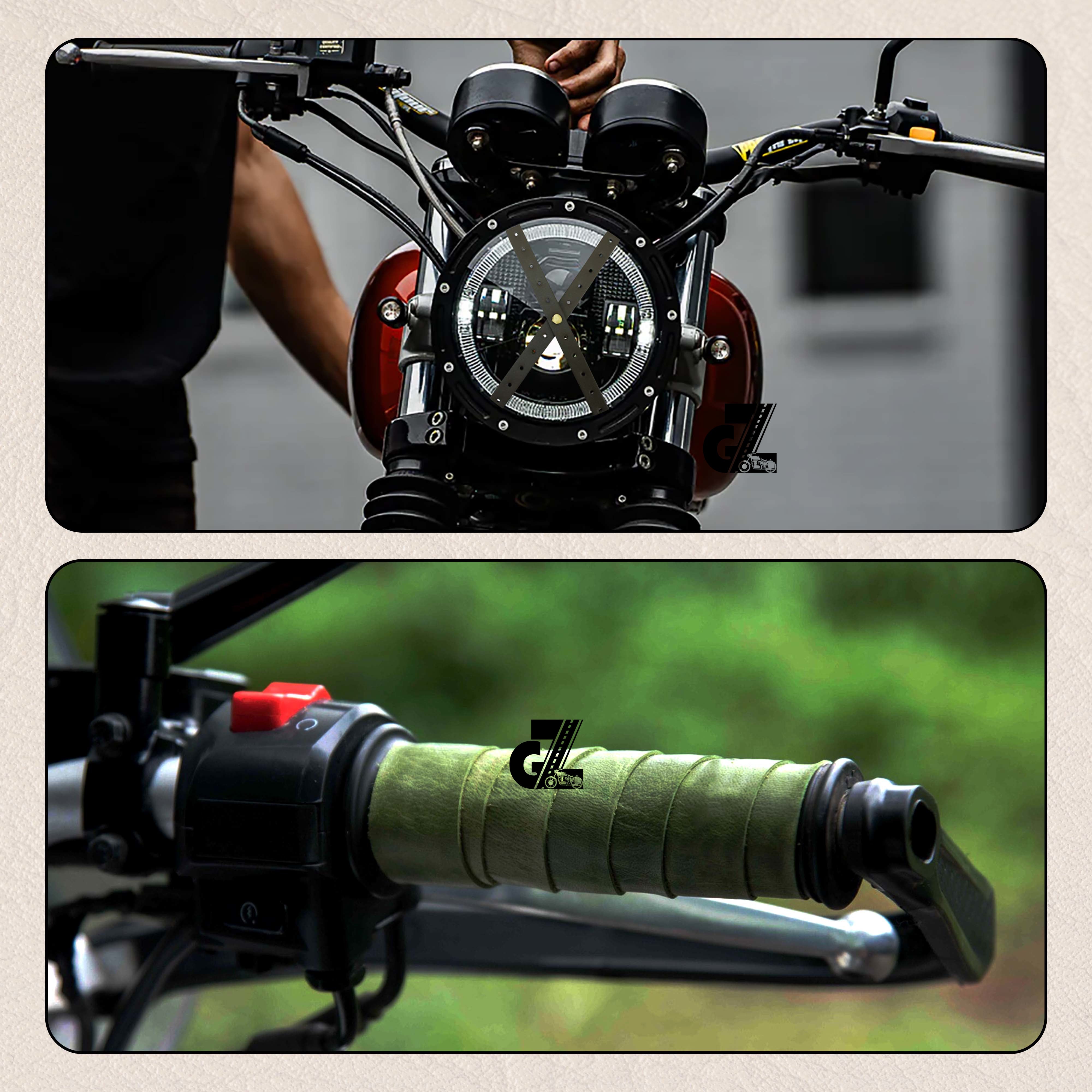 Leather Sticker Head Lamp X Perforated & Handgrip Straps Pair Olive For TVS Ronin, Hero Xpulse 200 210 Mavrick 440, Honda CB350 Hness CB350 CB350RS CB300R
