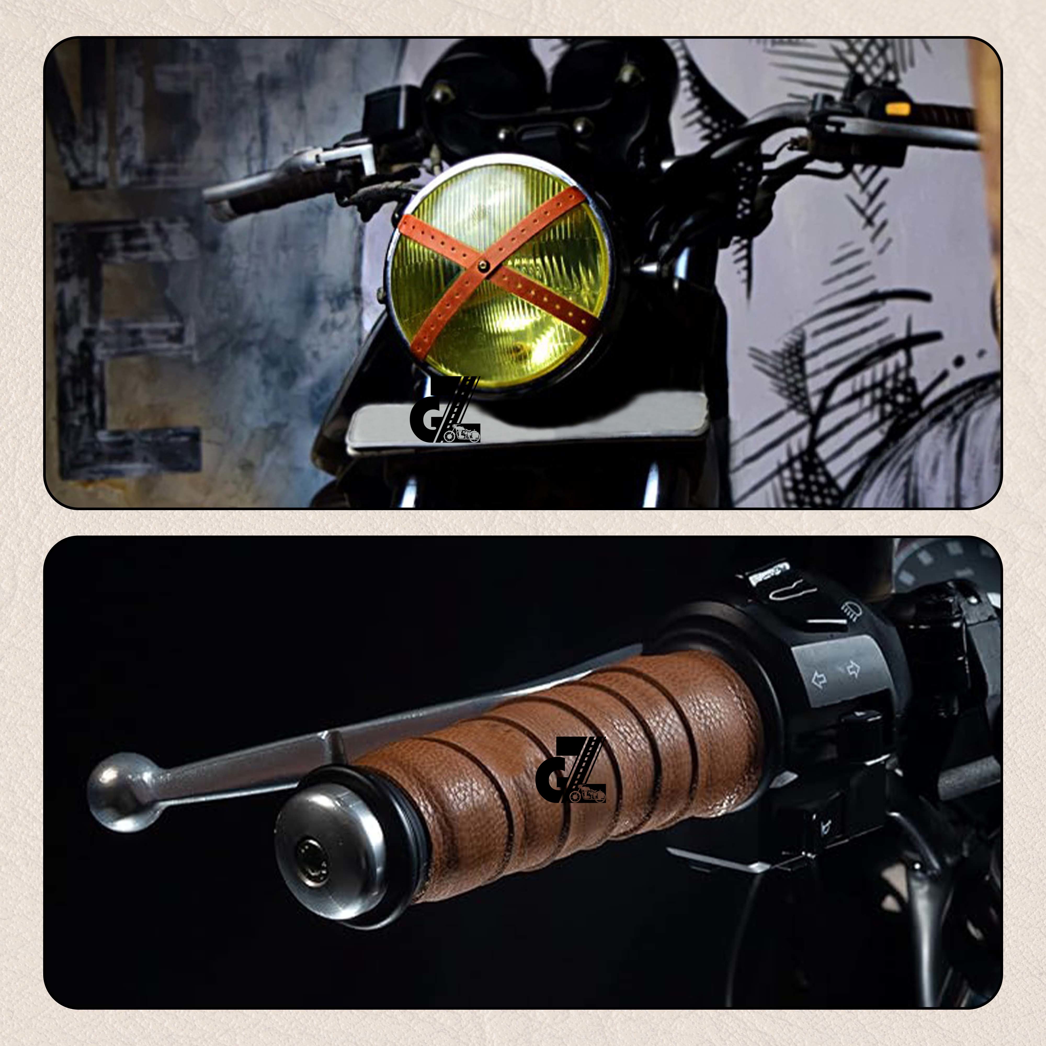 Leather Sticker Head Lamp X Perforated & Handgrip Straps Pair Tan For TVS Ronin, Hero Xpulse 200 210 Mavrick 440, Honda CB350 Hness CB350 CB350RS CB300R