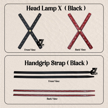Leather Sticker Head Lamp X Perforated & Handgrip Straps Pair Black For TVS Ronin, Hero Xpulse 200 210 Mavrick 440, Honda CB350 Hness CB350 CB350RS CB300R