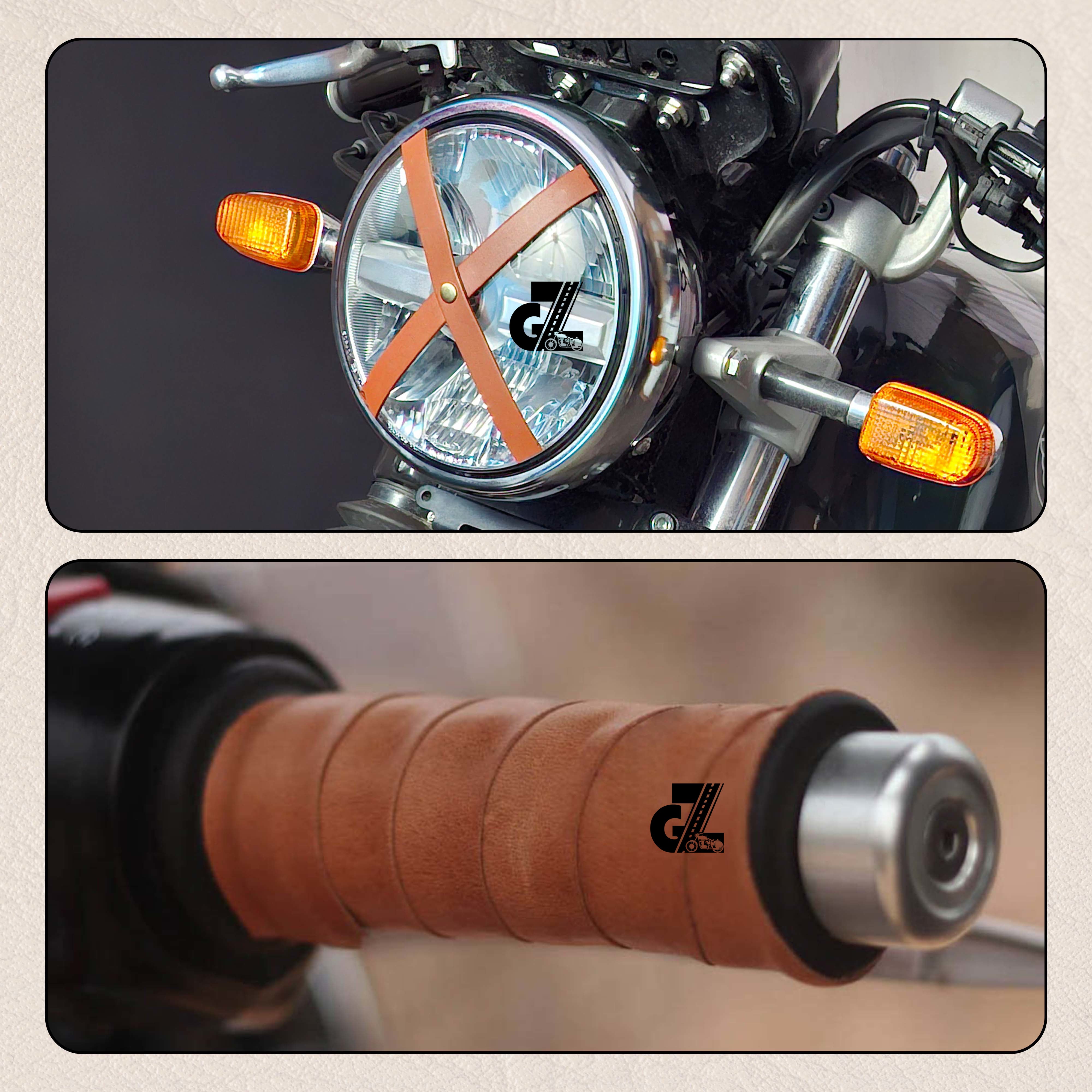 Tan Genuine Leather Sticker Head Lamp X With Handgrip Straps Pair Compatible With TVS Ronin, Hero Xpulse 200 210 Mavrick 440, Honda CB350 Hness CB350 CB350RS CB300R