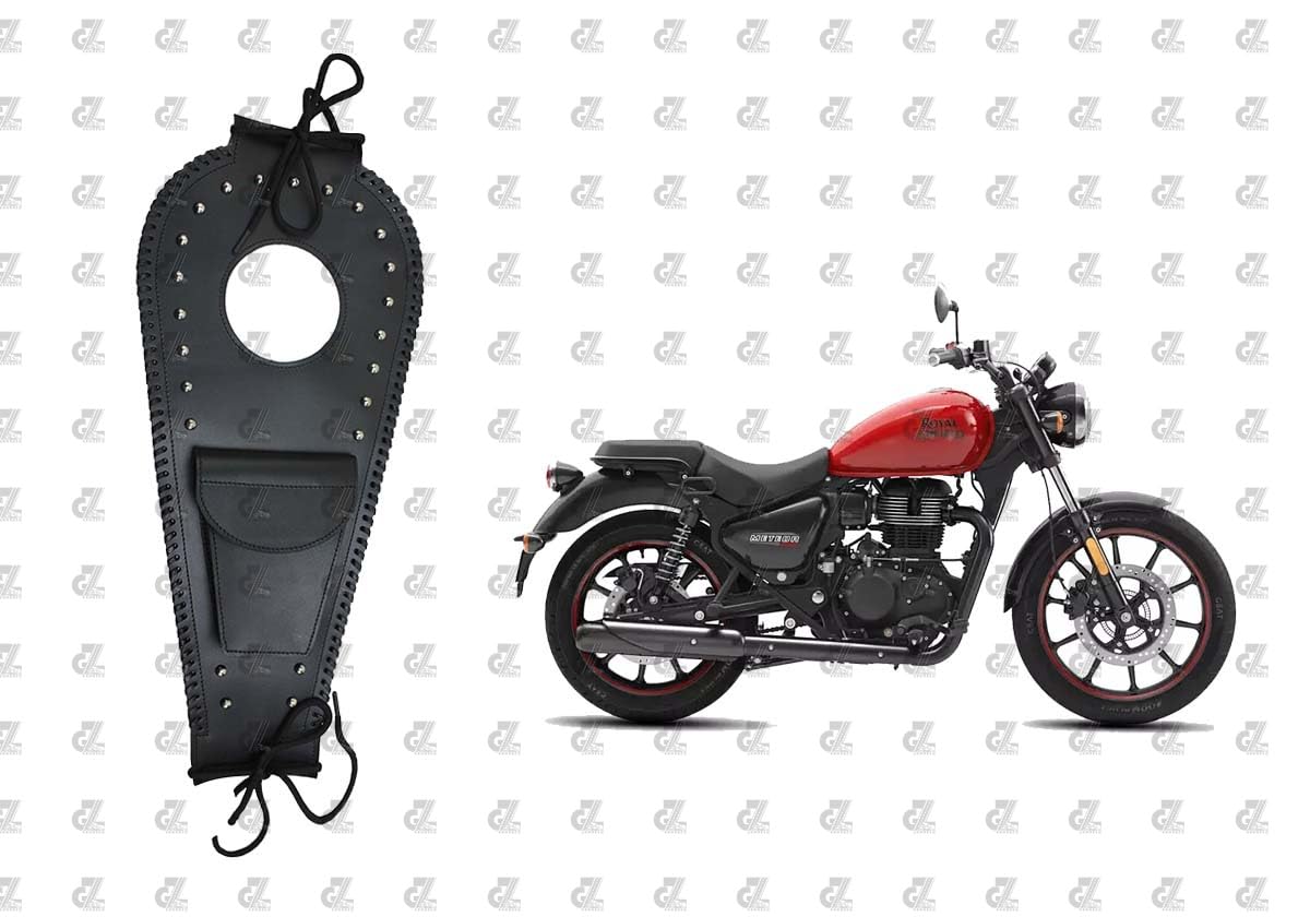 Leather Tank Strap Bag With Pouch Black for Royal Enfield Meteor 350