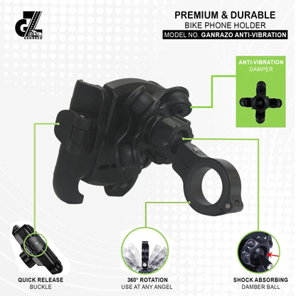 GZ Anti Vibration Damper with Quick Release 360° Rotation Waterproof Bike/Motorcycle/Scooter Mobile Phone Holder, Stand, Mount Ideal for Maps and GPS Navigation