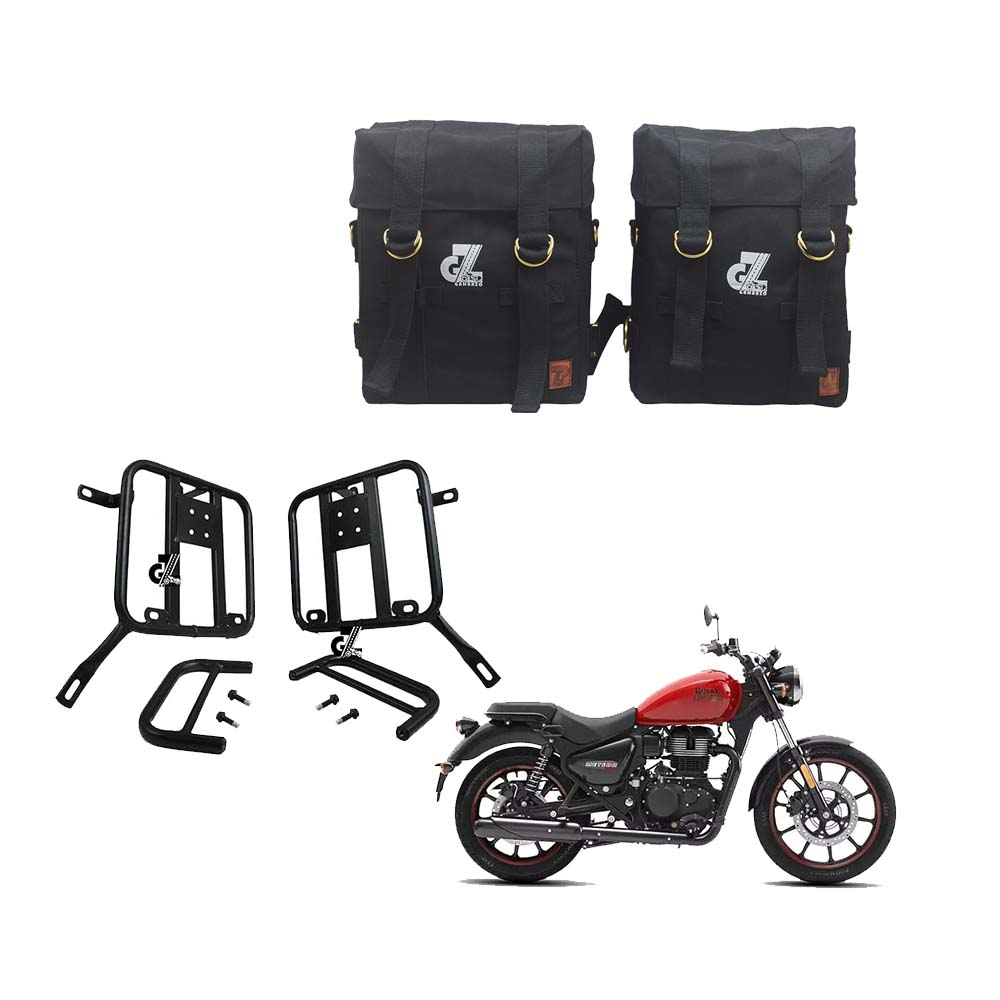 Black Canvas Pannier Bag Pair With Saddle Stay Pair Fit for Royal Enfield Meteor 350