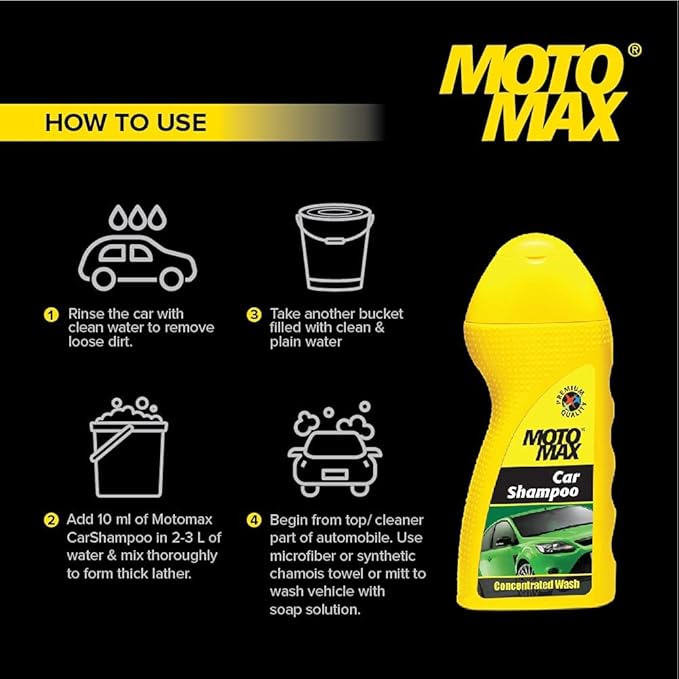 Motomax Car & Bike Shampoo 100 ml Concentrate Liquid  Removes Tough Stains, Cleans and Shines Cars, Bike, Motorbikes,Long lasting Gloss