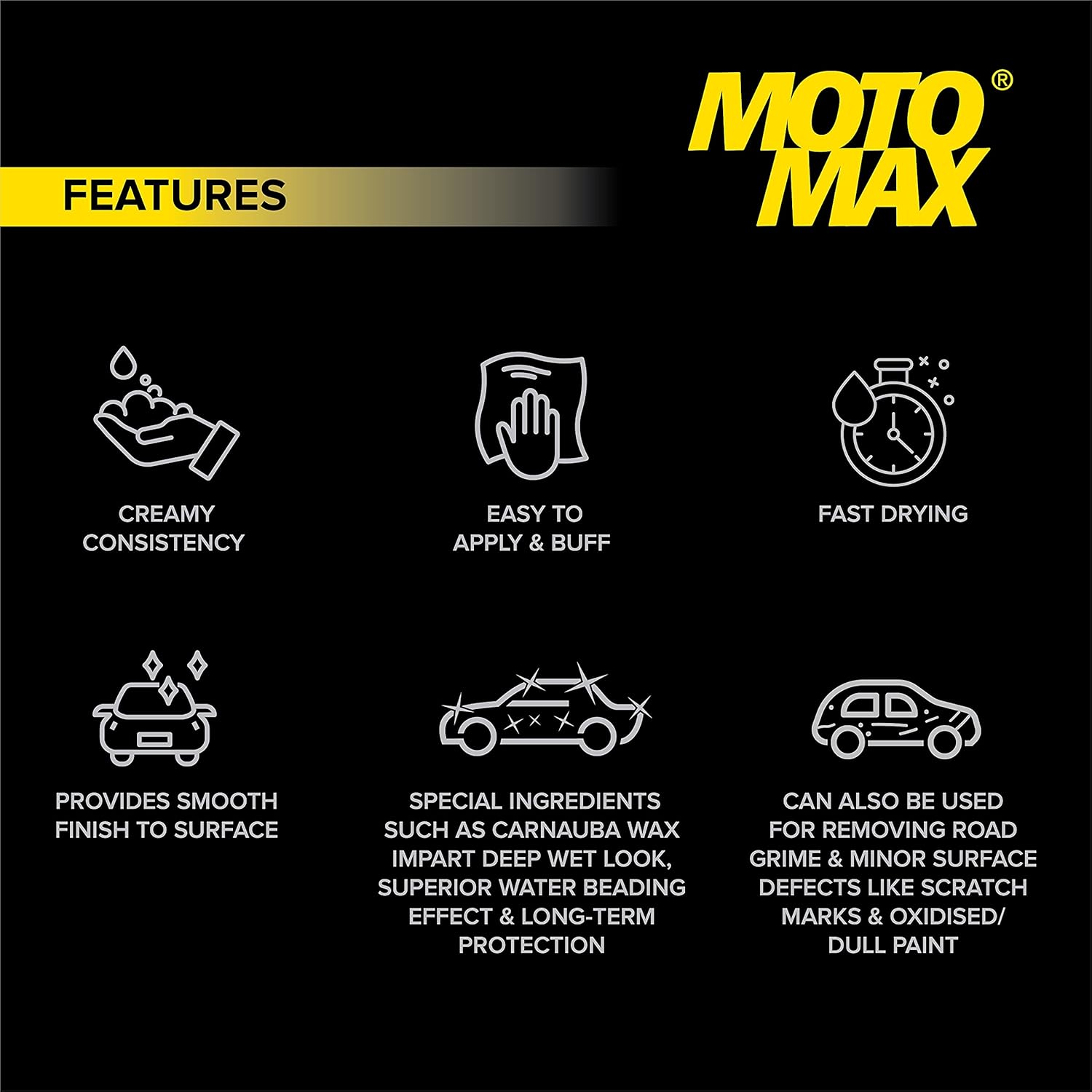 Motomax Cream Polish, 60gm with Carnuba Wax, with Sponge, Clean Polish Shine Cars, Motorcycle
