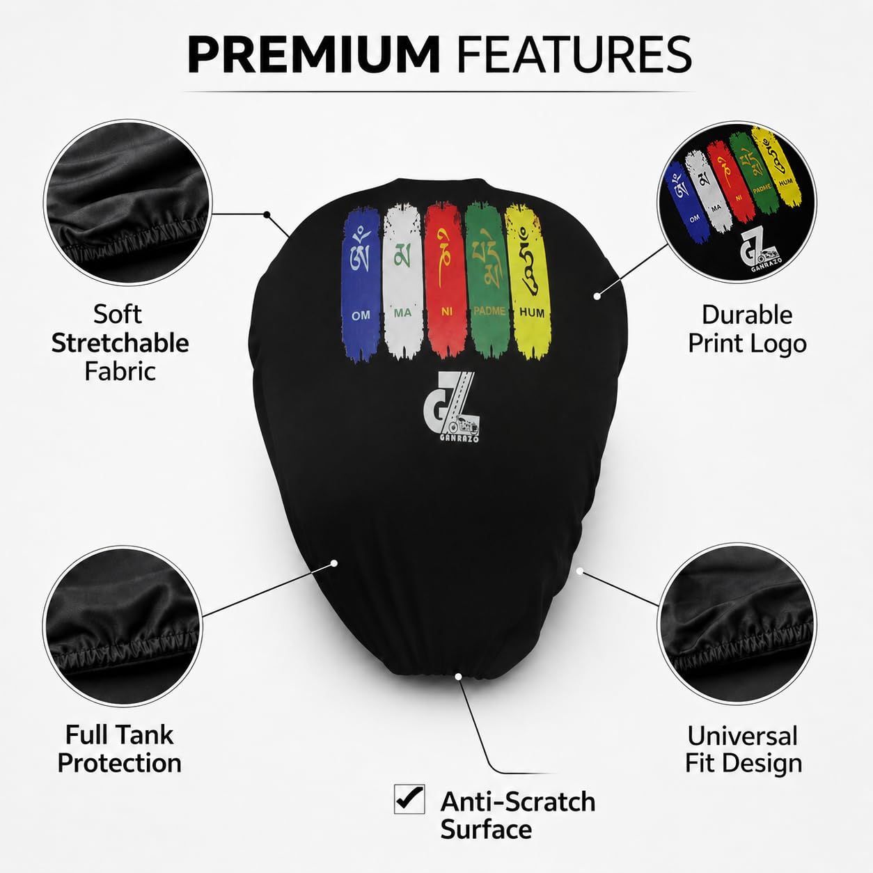 Motorcycle Fuel Tank Cover - Tibetan Prayer Flag, Spiritual Design & Scratch-Resistant Protector for Old/New Classic, Bullet, Meteor, Goan Classic 350 All Models, Black