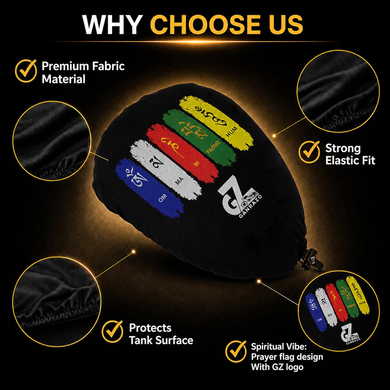 Motorcycle Fuel Tank Cover - Tibetan Prayer Flag, Spiritual Design & Scratch-Resistant Protector for Old/New Classic, Bullet, Meteor, Goan Classic 350 All Models, Black