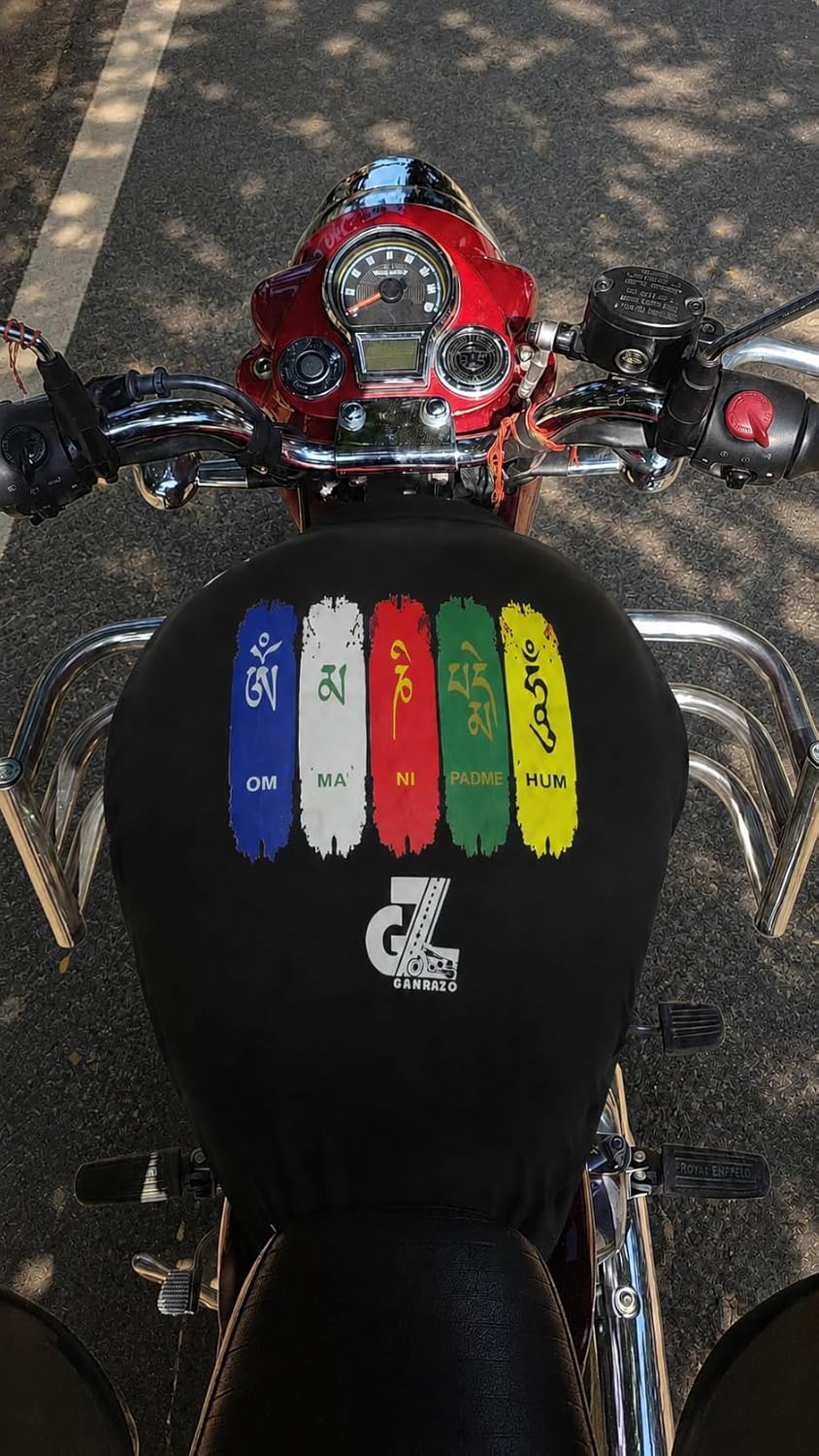 Motorcycle Fuel Tank Cover - Tibetan Prayer Flag, Spiritual Design & Scratch-Resistant Protector for Old/New Classic, Bullet, Meteor, Goan Classic 350 All Models, Black