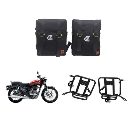 Black Canvas Pannier Bag Pair With Saddle Stay Pair Fit for Royal Enfield New Bullet 350