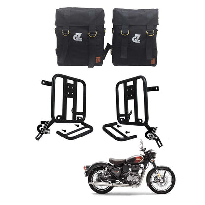 Black Canvas Pannier Bag Pair With Saddle Stay Pair Fit for Royal Enfield New Classic 350
