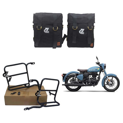 Black Canvas Pannier Bag Pair With Saddle Stay Pair Fit for Royal Enfield Old Classic 350/500