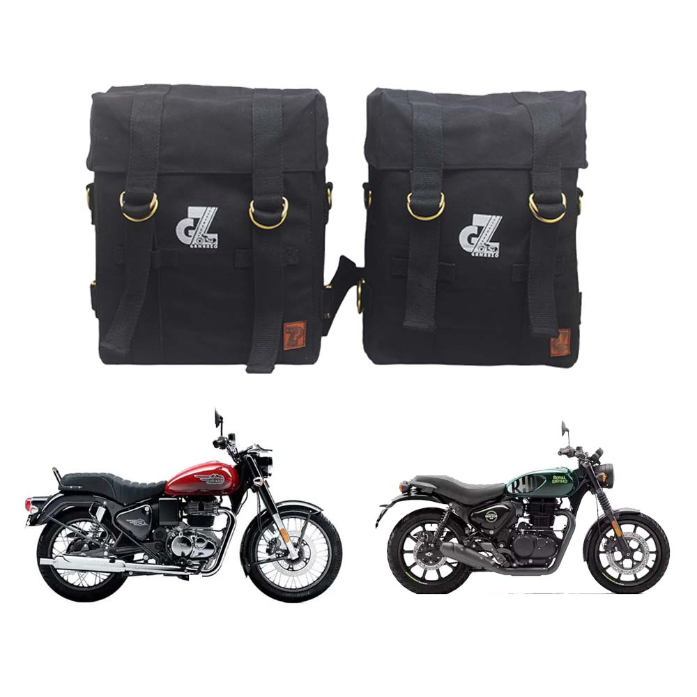 Black Canvas Pannier Bag Pair Right & Left Side Fit for Royal Enfield Motercycle