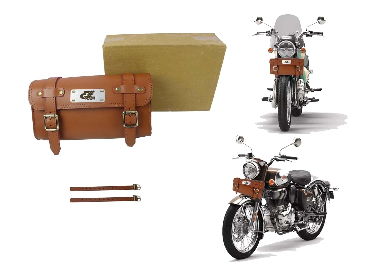 Premium Leather Bike Side/Rear Saddle Bag Round Style Tool Bag Storage Tool Pouch with 2 Strap Tan Color for Royal Enfield New Classic Reborn & Meteor 350