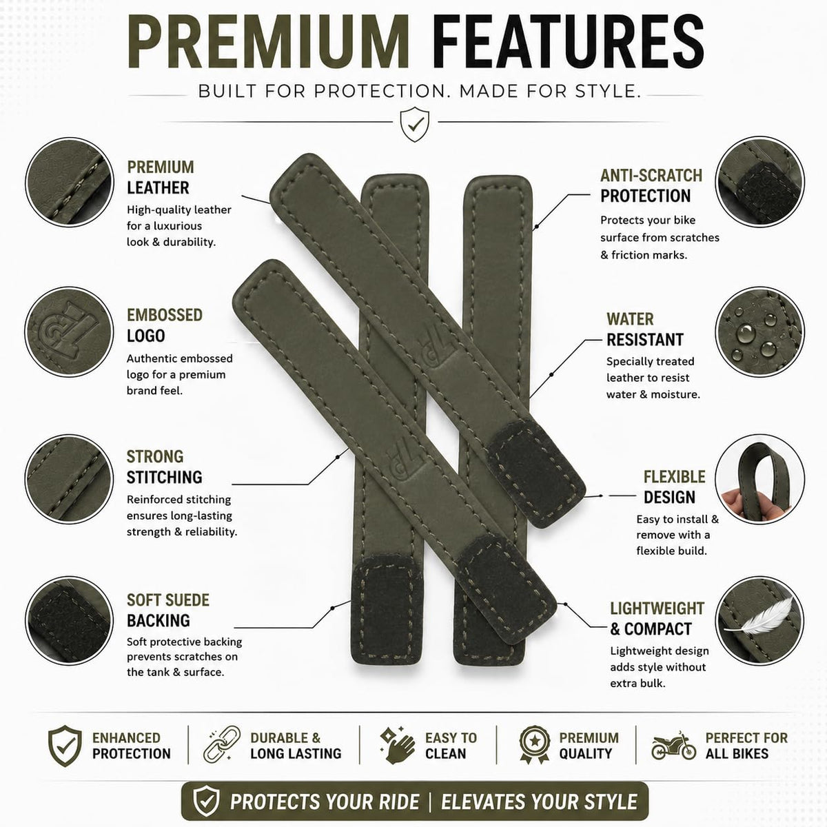 Premium Leather Handlebar Cable Wrap for Motorcycles | Wire Management & Protection Cover | Universal Fit | Set of 4 | (Olive)