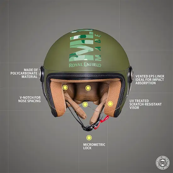 ROYAL ENFIELD CHOPPER MLG CAMO HELMET WITH CLEAR VISOR BATTLE GREEN