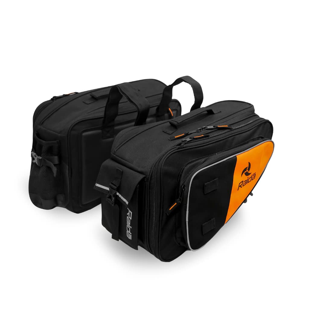 Raida Polyester V50 Motorcycle Saddle Bag Pair 50 Ltr For All Bikes With Rain Cover Orange