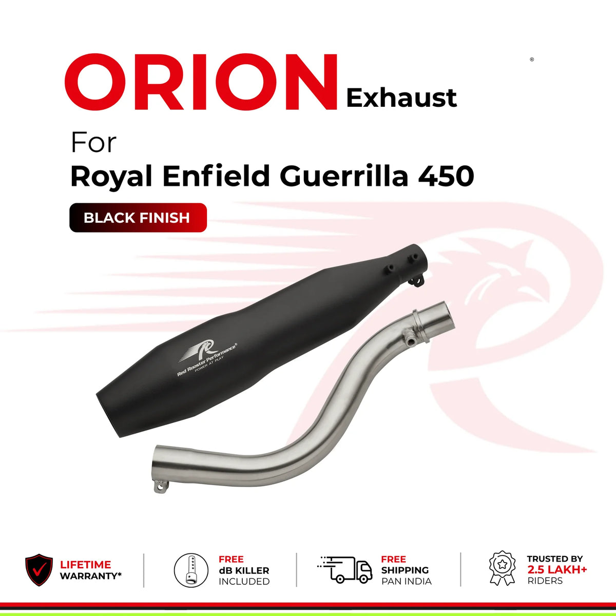 Red Rooster Performance Orion Exhaust For Royal Enfield Guerrilla 450 - Black Finish