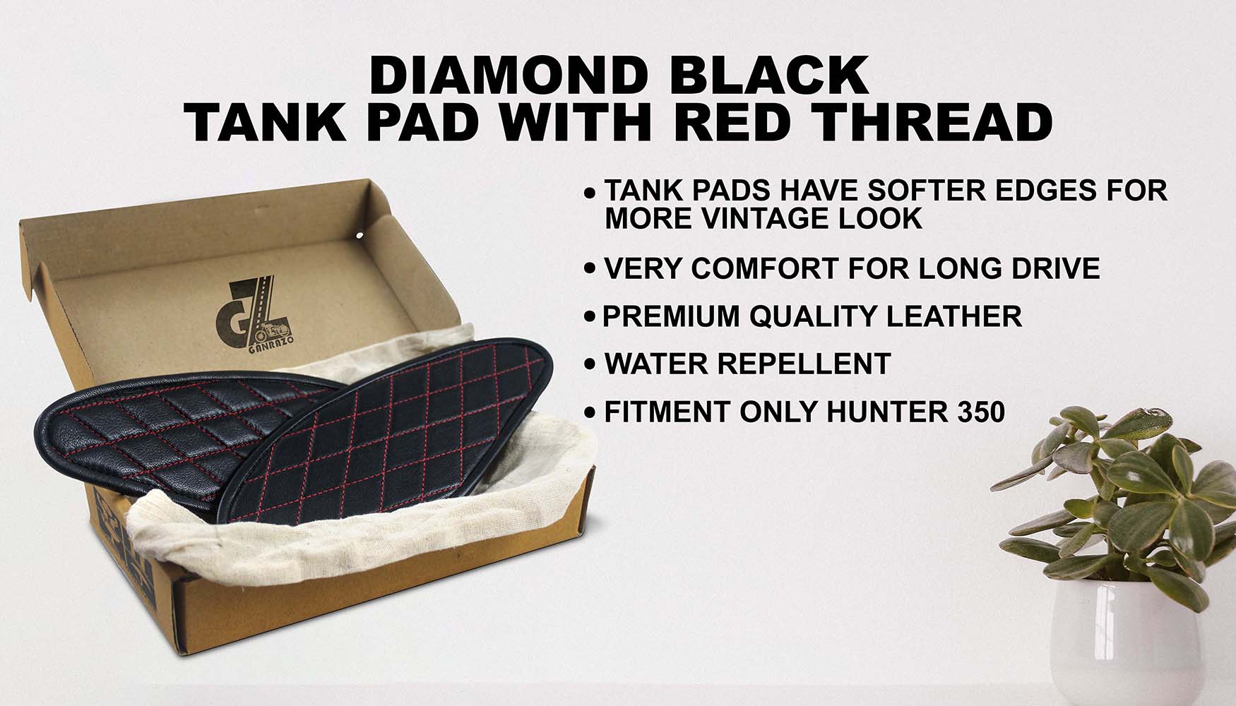 Diamond Black Tank Pads with Red Thread, Genuine Leather For Royal Enfield Hunter 350
