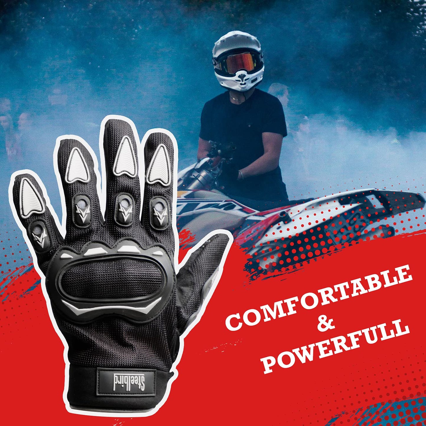 Steelbird Polyester Full Finger Bike Riding Gloves With Touch Screen Sensitivity At Thumb & Index Finger, Protective Off-Road Motorbike Racing Black & Grey