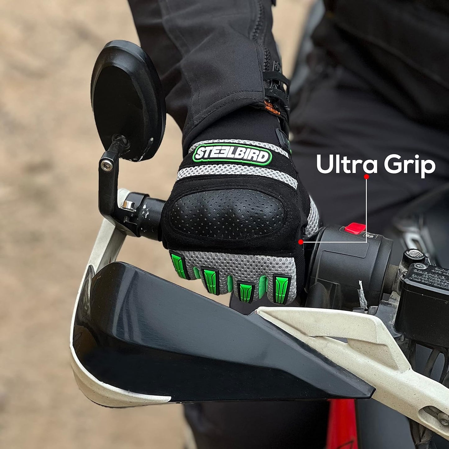 Steelbird Polyester Adventure A-1 Full Finger Riding Gloves with Touch Screen Sensitivity at Thumb and Index Finger, Protective Off-Road Motorbike Racing Cycling Green