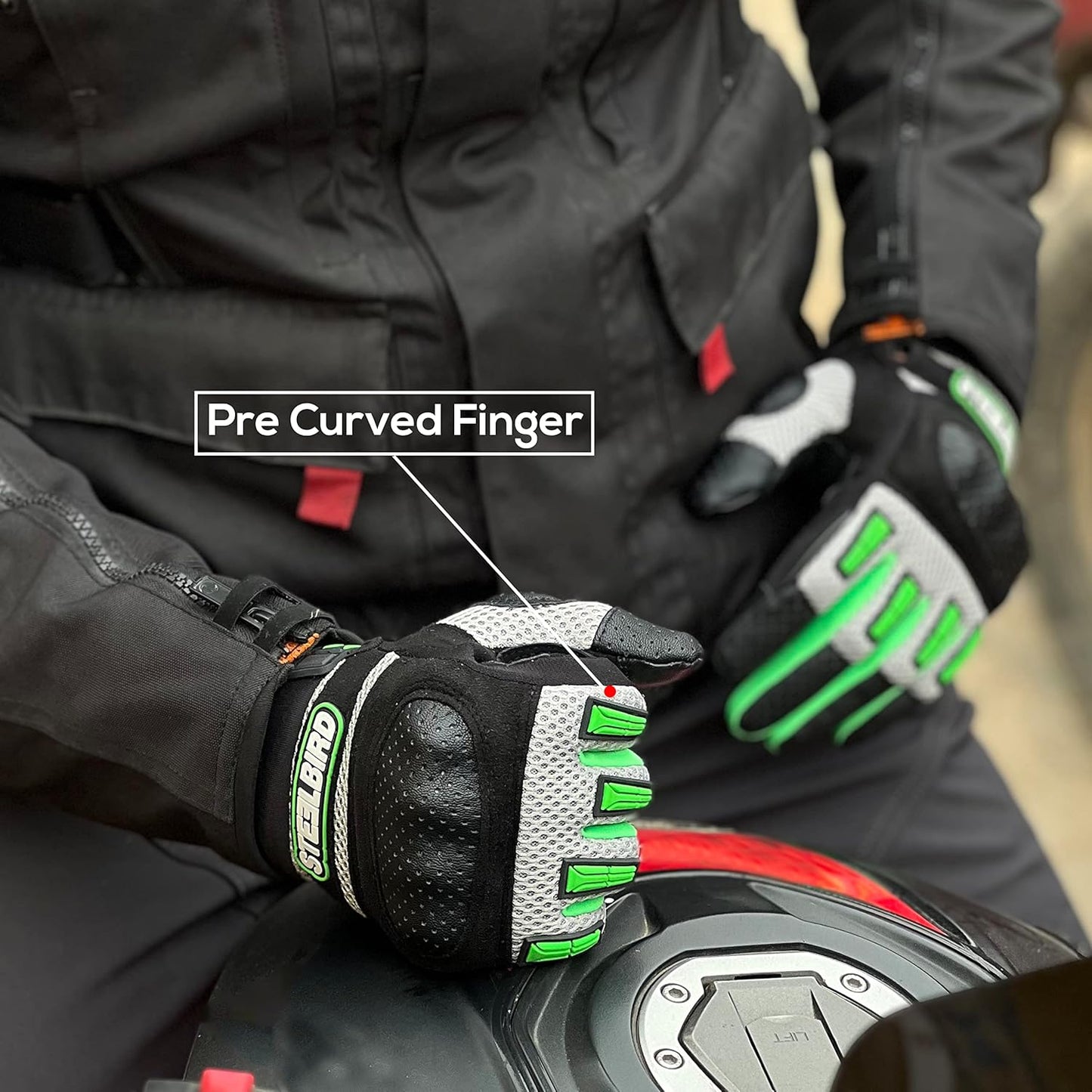 Steelbird Polyester Adventure A-1 Full Finger Riding Gloves with Touch Screen Sensitivity at Thumb and Index Finger, Protective Off-Road Motorbike Racing Cycling Green