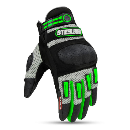 Steelbird Polyester Adventure A-1 Full Finger Riding Gloves with Touch Screen Sensitivity at Thumb and Index Finger, Protective Off-Road Motorbike Racing Cycling Green