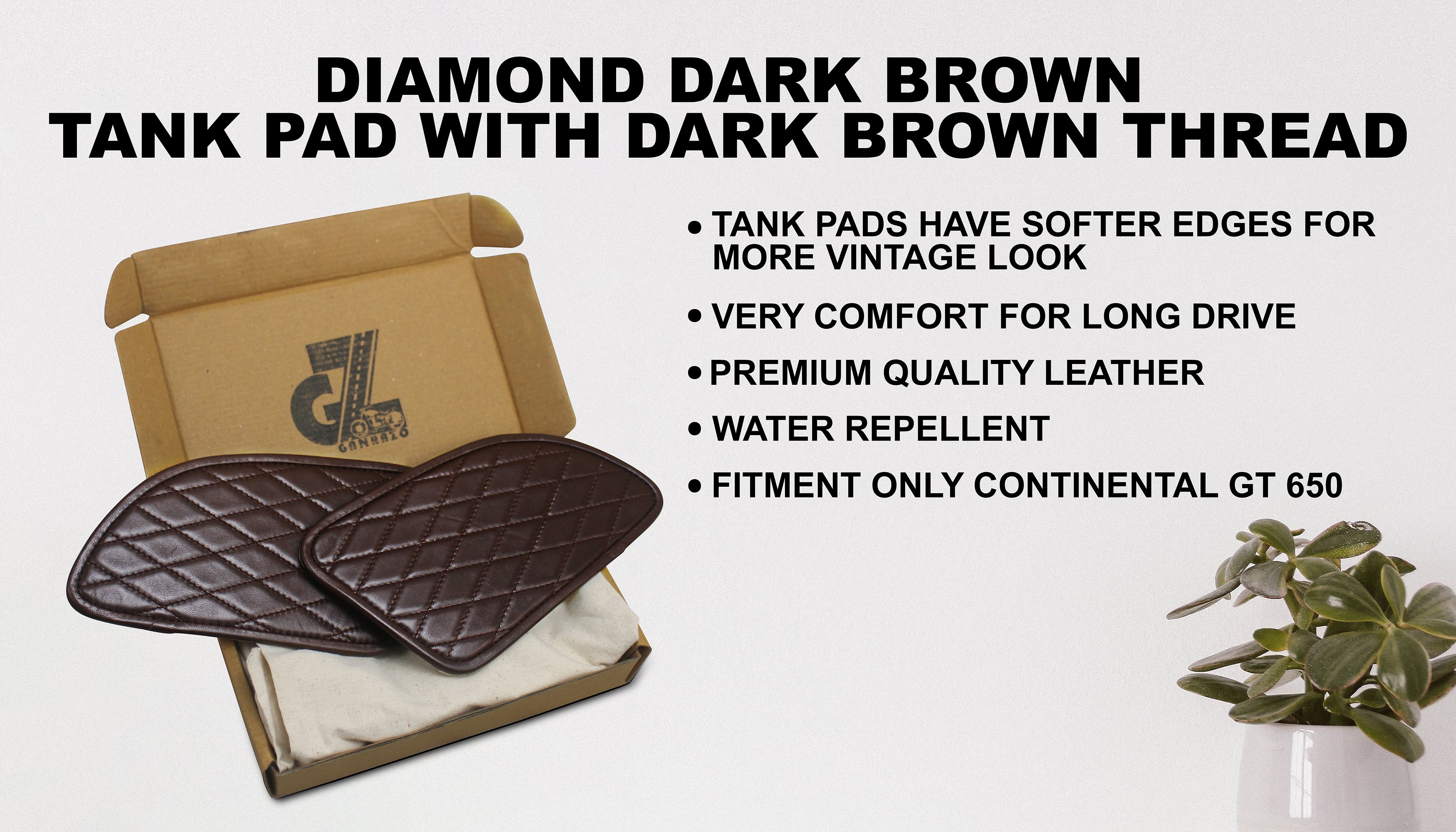 Genuine Leather Diamond Dark Brown Tank Pads with Brown Thread Compatible with Royal Enfield Continental GT 650