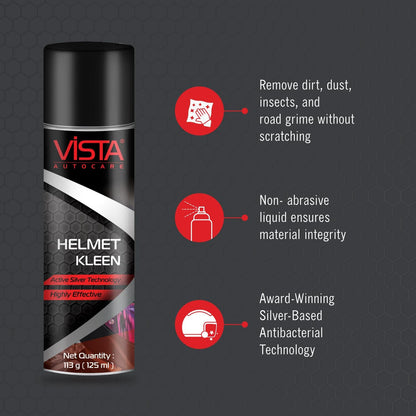 Vista Auto Care Helmet Kleen 125 ml Helmet Cleaner Spray That Removes Dirt, Silver-Based Antibacterial Disinfectant Foam Spray For Helmet Interior Safe For Hair & Skin, Odor Eliminator Pack of 1
