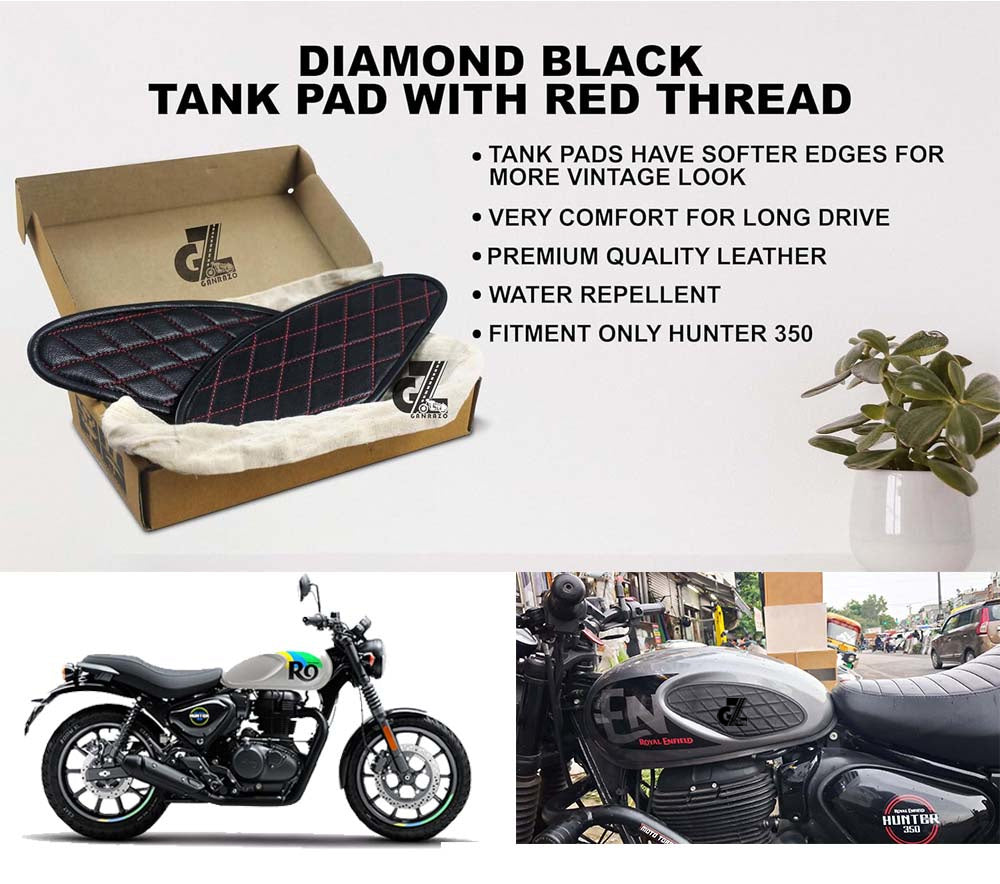 Diamond Black Tank Pads with Red Thread, Genuine Leather For Royal Enfield Hunter 350