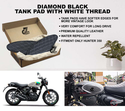 Diamond Black Tank Pads with White Thread, Genuine Leather For Royal Enfield Hunter 350